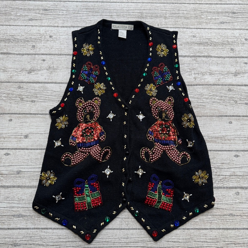 Claudia D Vest Women's Medium Black Beaded Teddy Bear Christmas Holiday Knit 90s